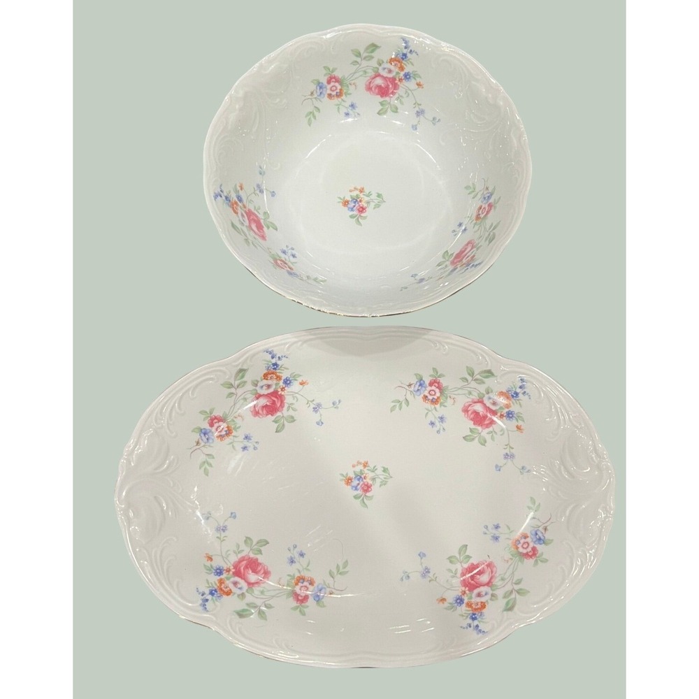 Royal Kent Poland Floral Scalloped serving Platter Vegetable Bowl White Coquette